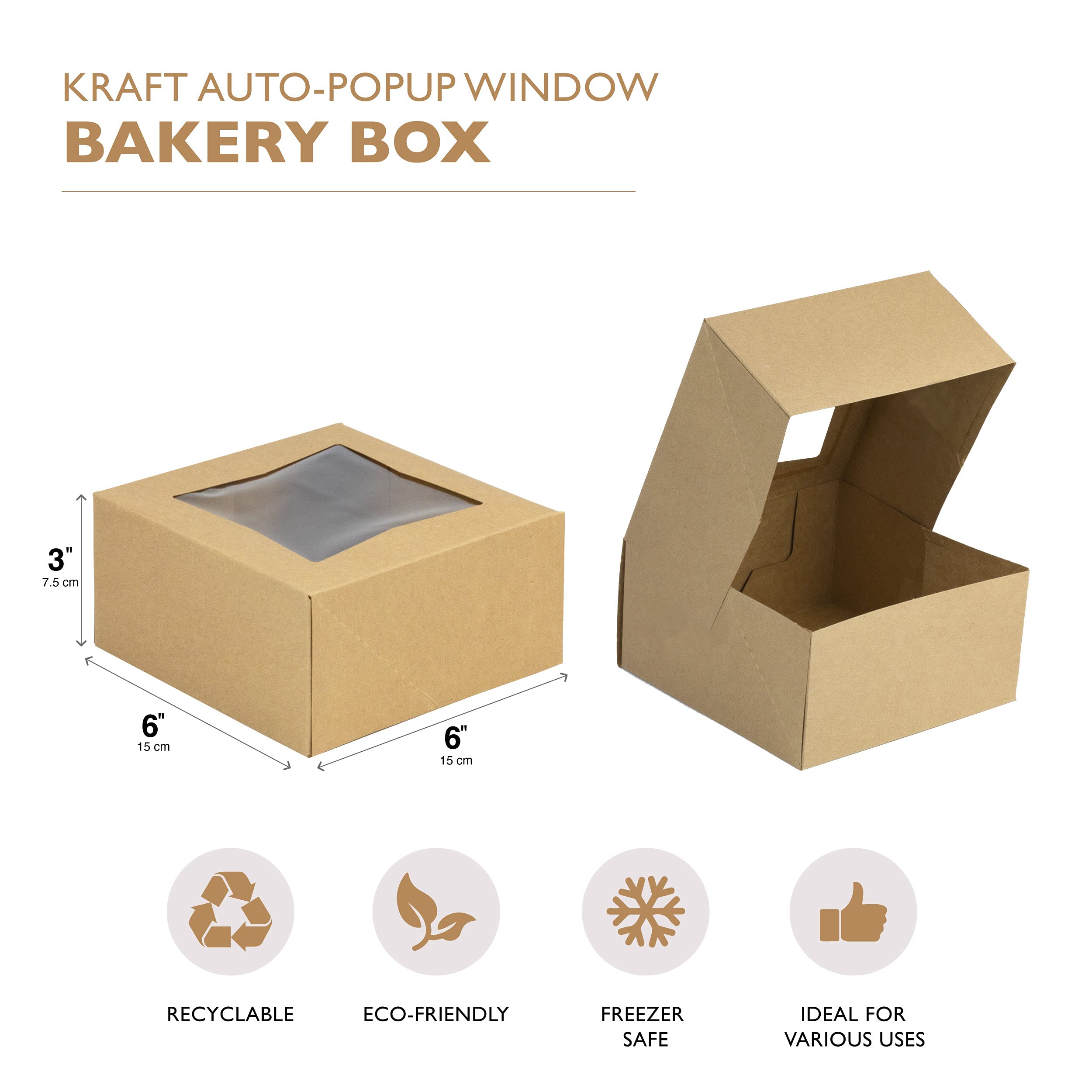 Buy [25 Pack] 6x6x3 Bakery Box with Window Square Kraft Pie Boxes with Auto Popup Clear