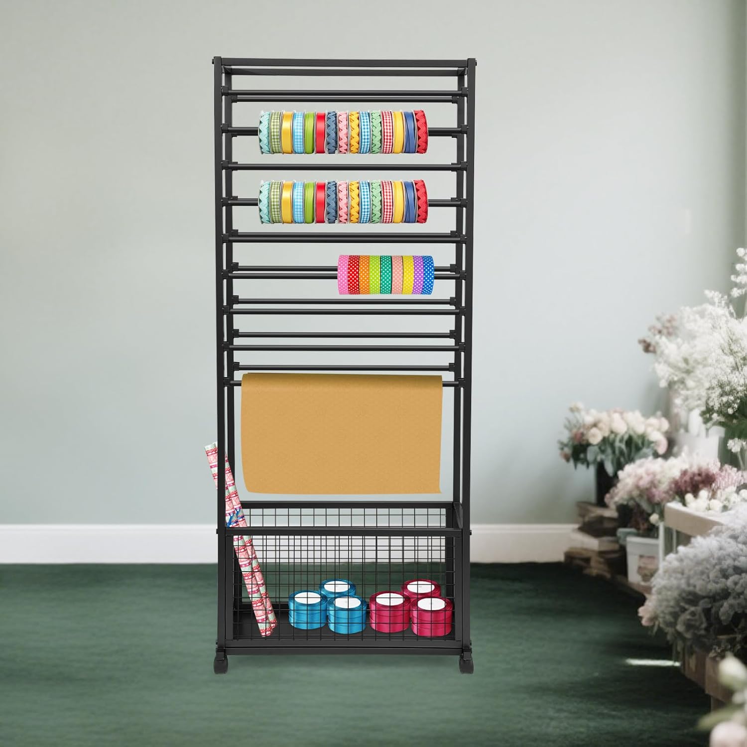 20 Tier Double-Sided Ribbon Holder Organizer Rack with Wheels, Metal Storage Stand for Wrapping Paper, Scarves, Fabric, Black Color, 26.38 x 12.6 x 66.93 Inches