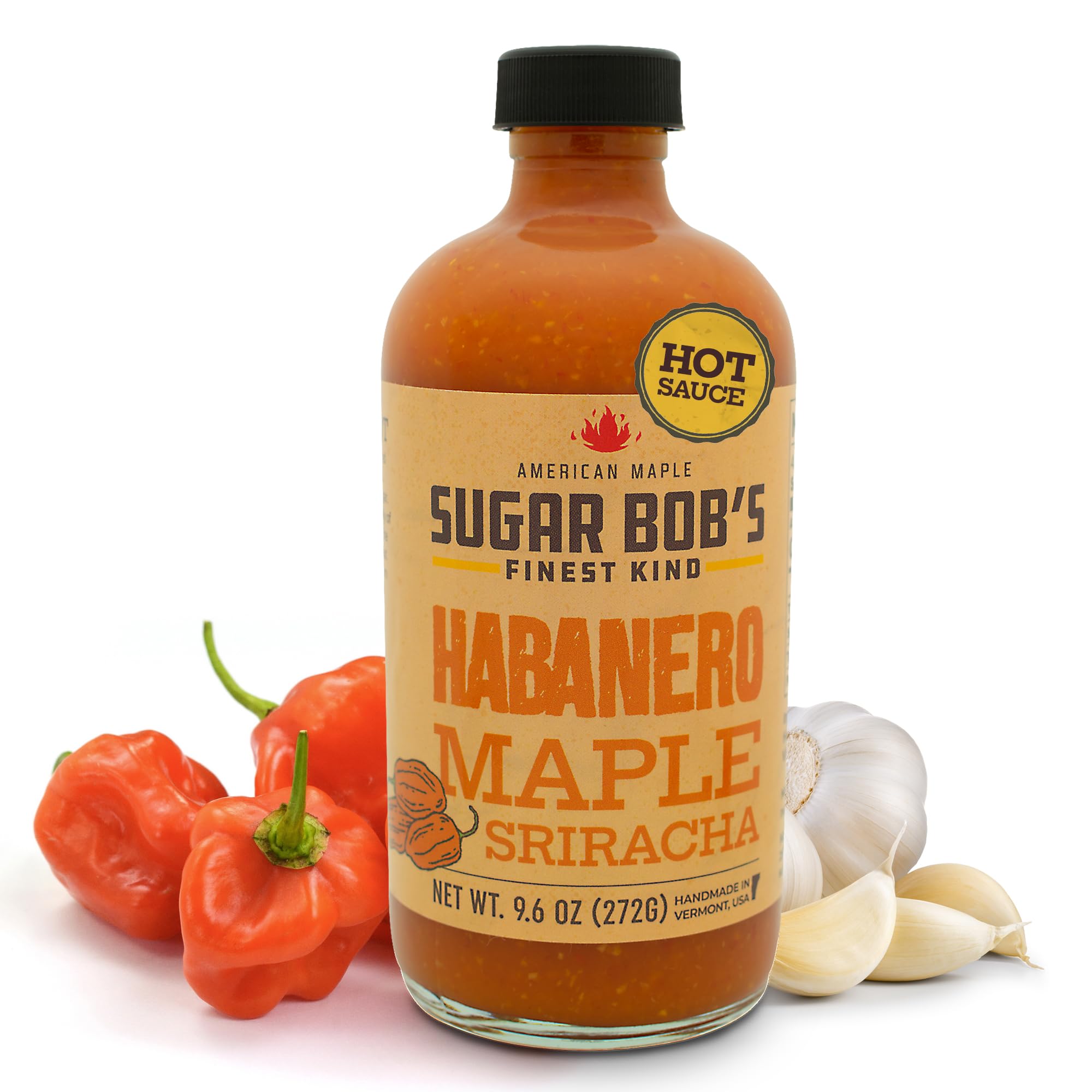 Sugar Bob's Finest Kind, Habanero Maple Sriracha Hot Sauce, Very Hot Sauce with Garlic, Bell and Habanero Peppers, Net Weight 9.6 oz