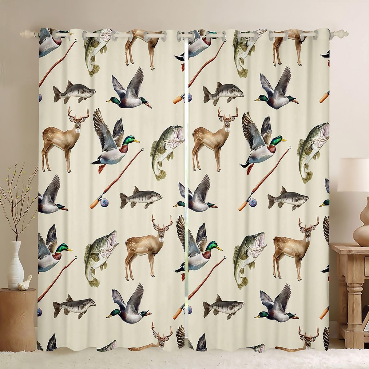 Feelyou Fishing Hunting Curtains for Bedroom Living Room Mallard Duck Deer Bass Fish Blackout Darkening Drapes Rustic Cabin Country Window Treatments, 2 Panels 38 x 45 Inch Room Decor