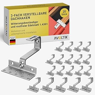 20x Dachhaken (3-fach verstellbar) Photovoltaik Halterung I Dachhalterungen Solarmodule A2 aus rostfreiem Edelstahl 1.4301 I robuste Dachhalterung Balkonkraftwerk zur sicheren Montage