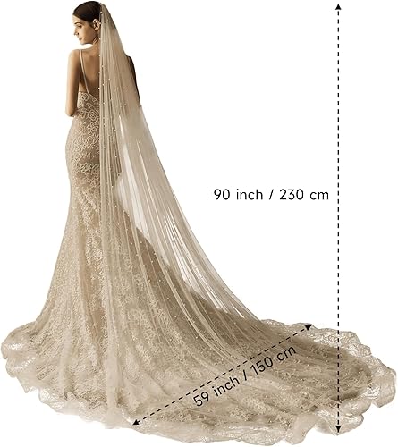 Miniatura 7 de Catedral nupcial largo velo de tul con perla, velo de novia para novias