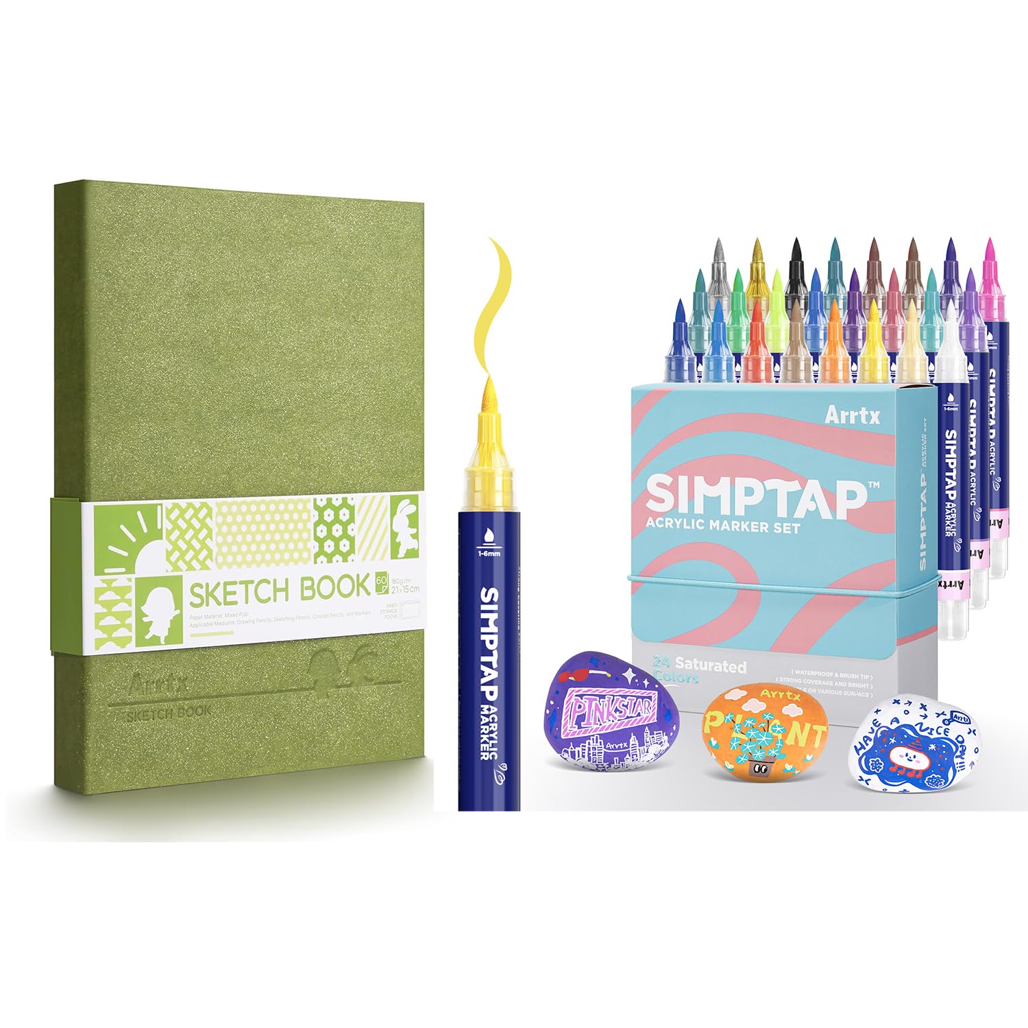 Artist Paint Set & Arrtx Premium Hardcover Sketch Book, 60 Sheets/120 Pages, Arrtx Top Valve Action Marker Pen, Set of 24 Colors Simptap Acrylic Paint Pens