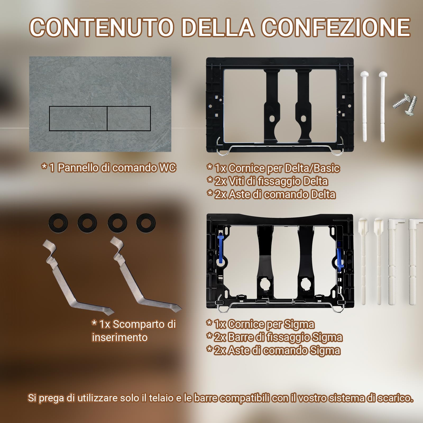 Placca di Comando WC Compatibile con Geberit Duofix Sigma, Delta e Basic, Ricambio con Set di Barre di Spinta e Telaio di Montaggio per UP300 & UP320, 245 x 164 mm(Grigio chiaro-Y8)