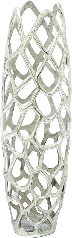 Deco 79 Florero decorativo de metal de aluminio con corte de coral, florero para decoración del hogar, 8.0 x 8.0 x 26.0 in, color plateado
