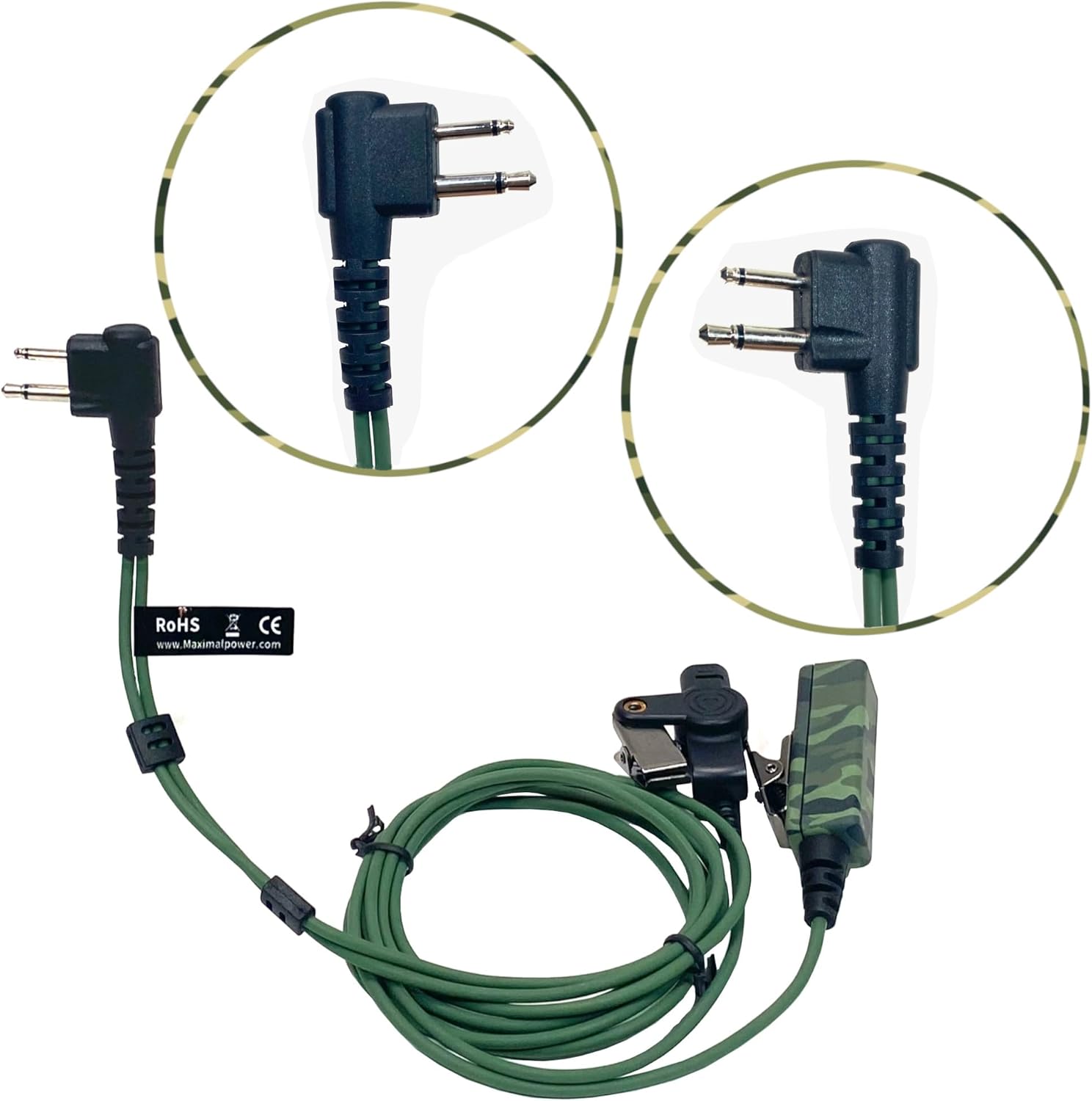 MaximalPower Camouflage 2-Wire Headset Replacement for Two Way Radio with Clear Coil Tube, Earbud PTT Mic Earpiece