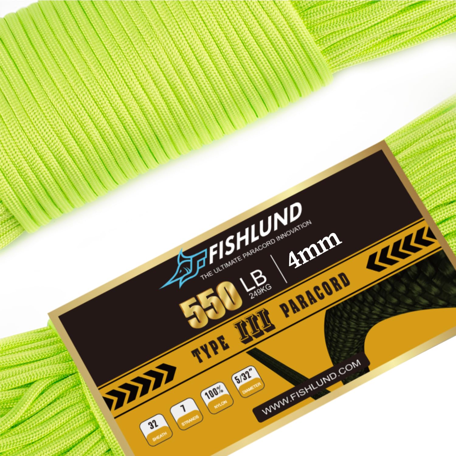 Fishlund Neon Green Paracord 550 Lb, 7 Strand Paracord Rope 50Ft 4Mm, Nylon Parachute Cord For Camping,