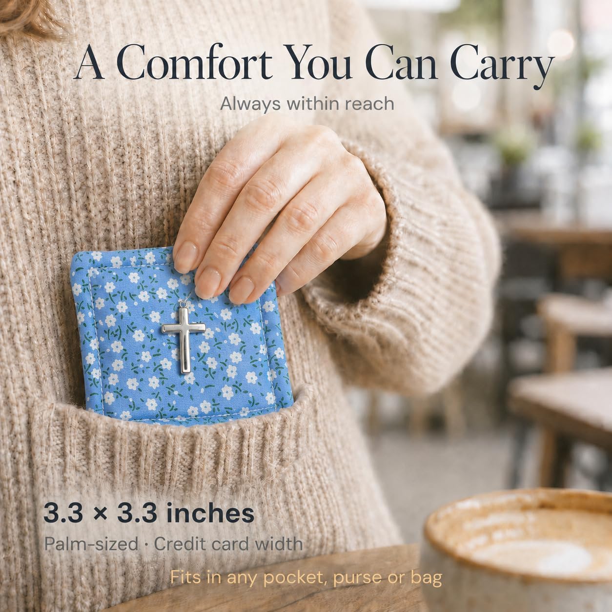 Onism 2 Pcs Pocket Prayer Quilt with Cross Inside, Blue Cotton Prayer Squares with Scripture Tag, Christian Sympathy and Encouragement Gift for Women, Comfort for Cancer, Grief and Get Well