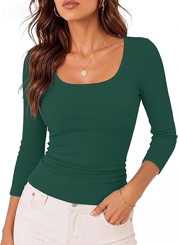 GKBK Womens 3/4 Sleeve Scoop Neck Top Ribbed Knit Slim Fitted Casual Basic Tee Shirts 2026 Fall Trendy Work T-Shirt Outfits