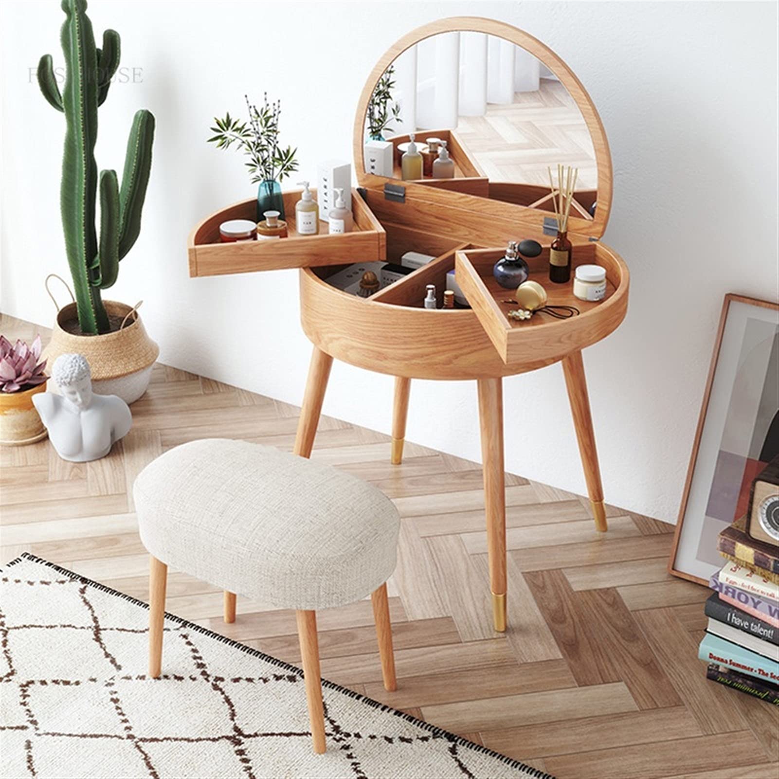 Amazon.com - GRFIT Dressing Table Mini Clamshell Dressers Bedroom Furniture Dressing  Table Round Collapsible Wooden Vanity Tables with Mirror Makeup Vanity  (Color : Natural)