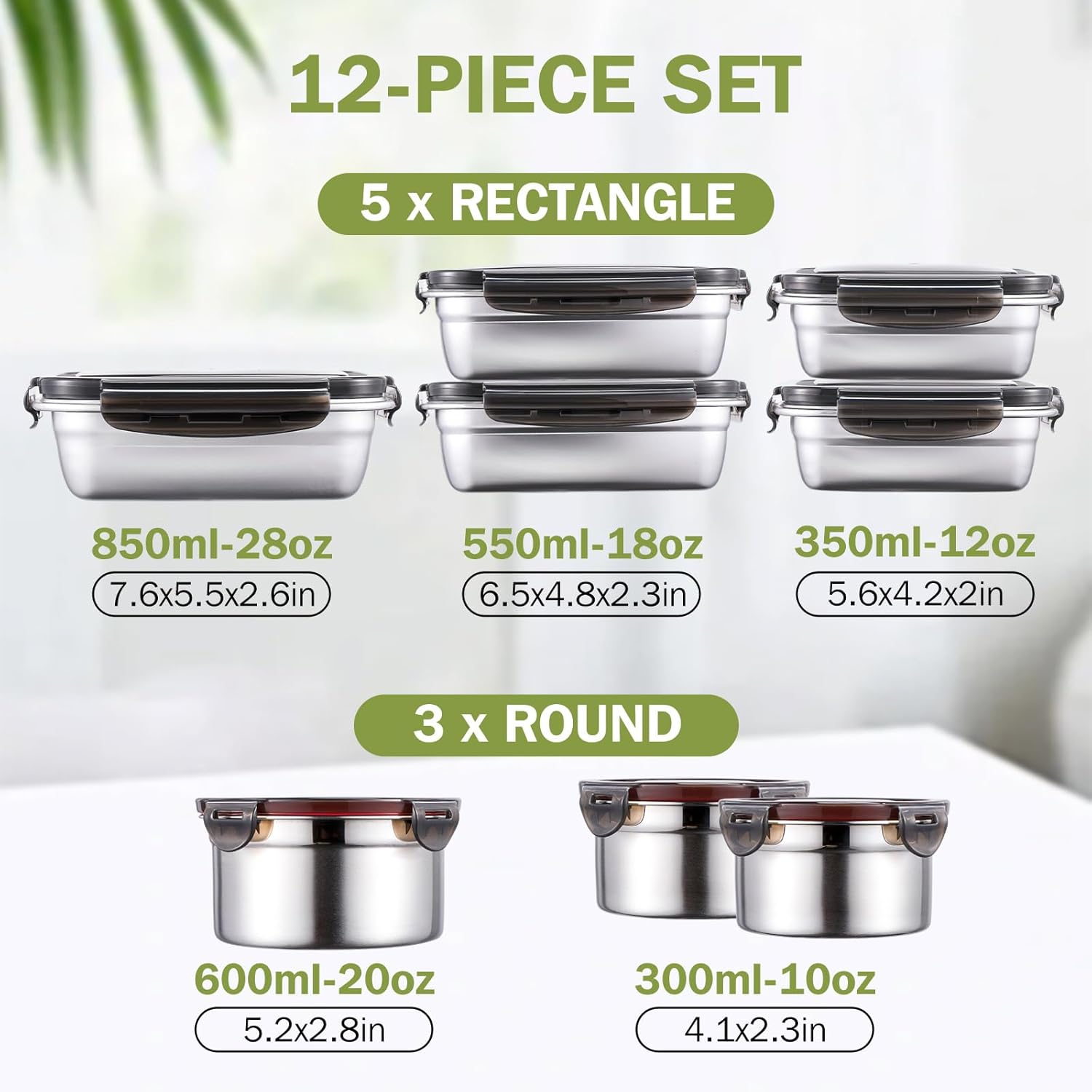 8 Pcs 304 Stainless Steel Food Storage Containers with Lids Leakproof, Reusable Airtight Meal Preparation Container Round and Square Stackable Food Container for Kitchen Picnic(Black Lids) - Image 4