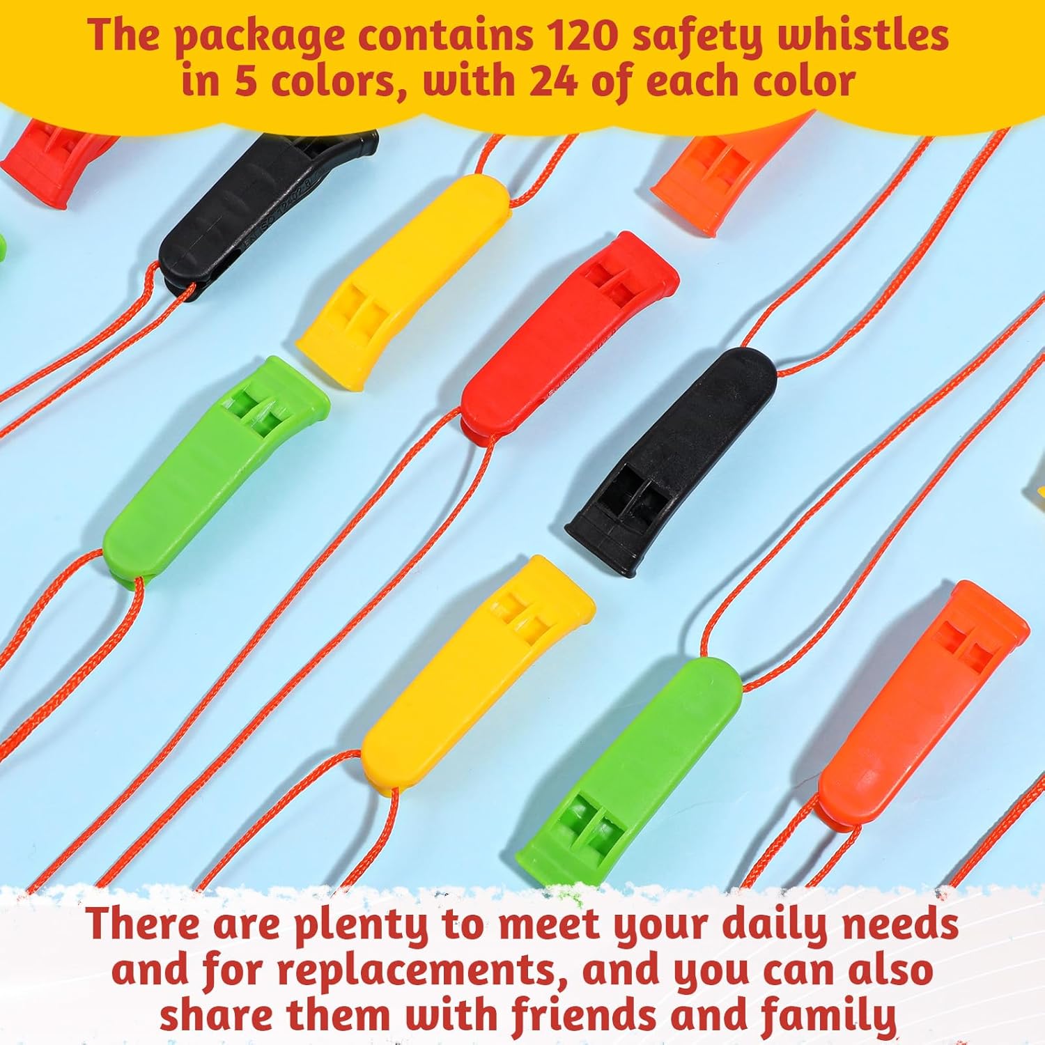 120 Pcs Whistles Bulk with Lanyard, Colorful Loud Sound Whistles Portable Plastic Sports Whistle with Clip for Coaches, Referees, Adults, Outdoor Sports, Camping (5 Colors)
