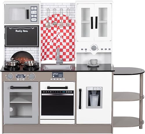 Juego de cocina para niños, cocina de madera con grifo, fregadero, microondas, horno, pizarra, cafetera, juguetes de cocina para niños pequeños con