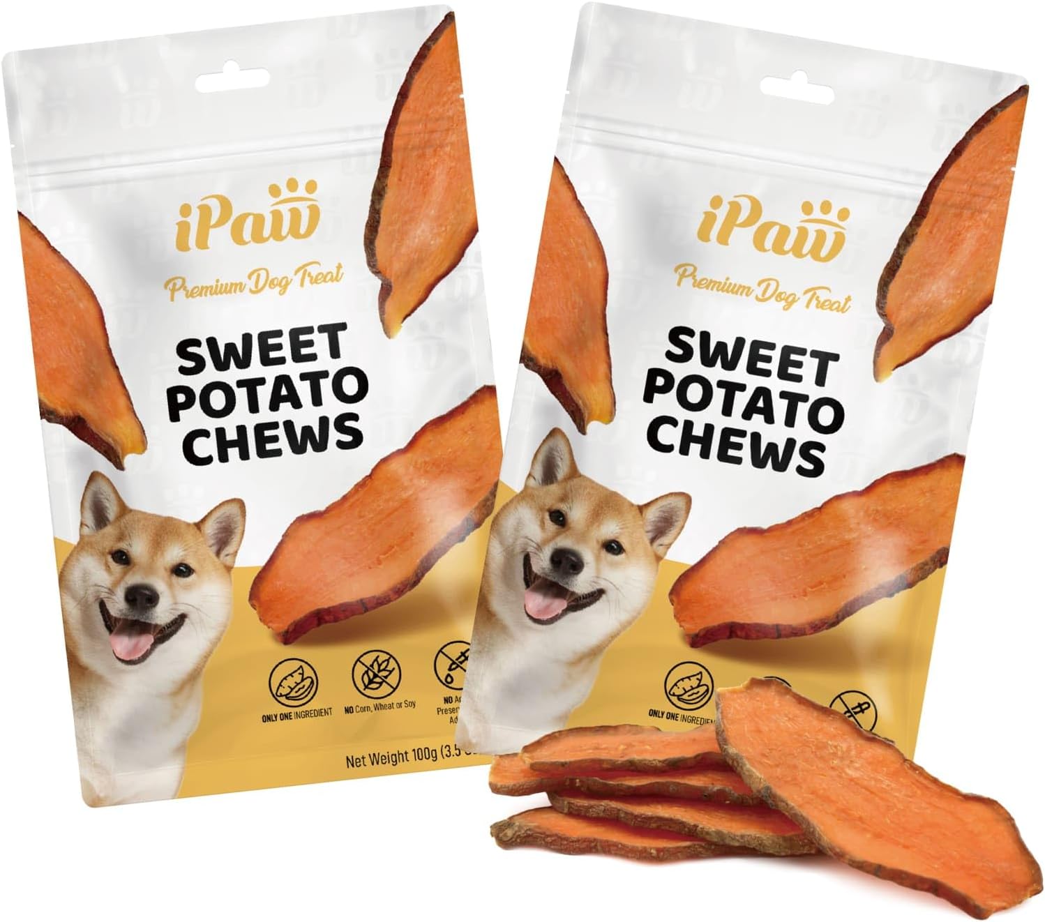 iPaw Sweet Potato Chews, Single Ingredient Dog Treats for Vegetarian, All Natural Human Grade Puppy Chew, Rawhide Alternative, Hypoallergenic, Easy to Digest, 5 Packs