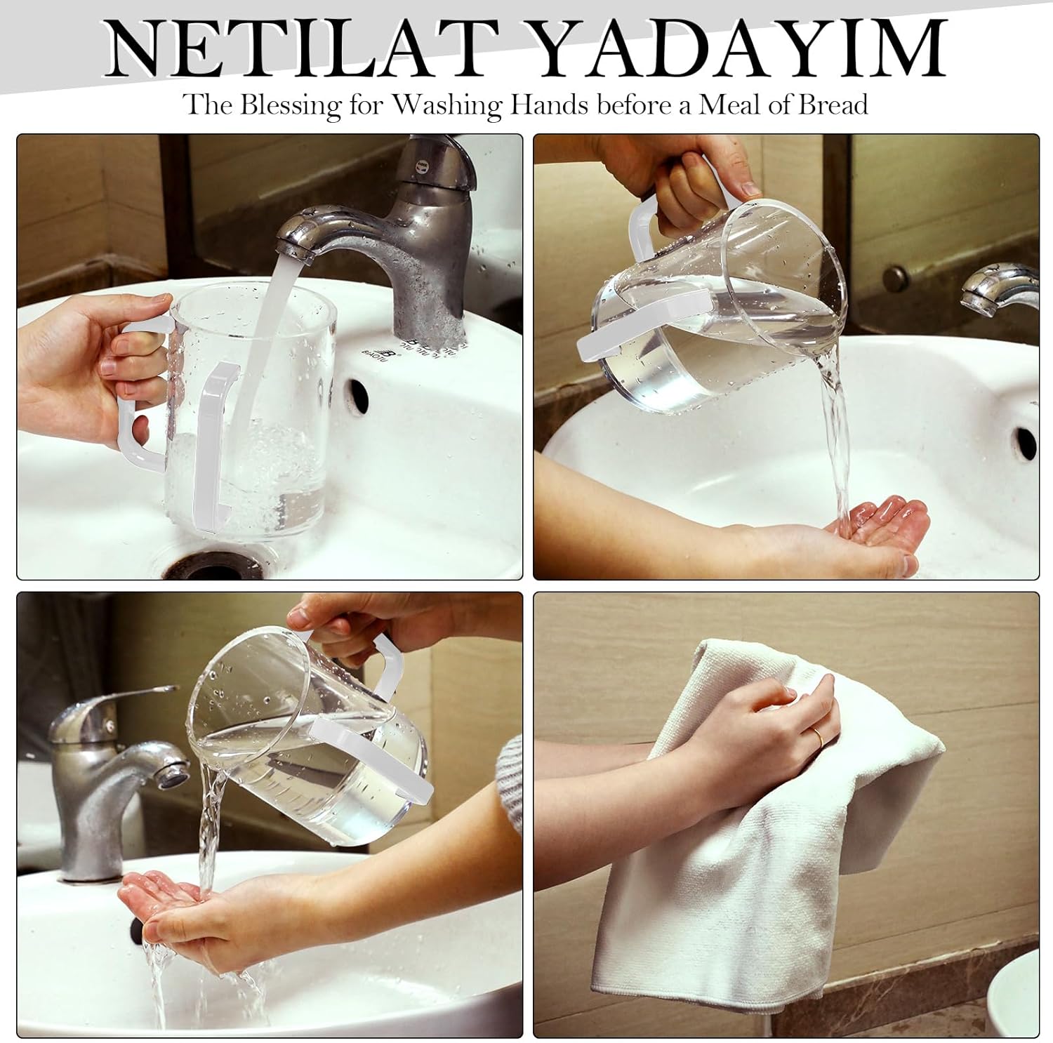Dingion 2 Pcs Judaica Hand Washing Cup with Dual Handles for Netilat Yadayim 5" Acrylic Clear Negel Vasser Jewish Ritual Kohanim Holiday Gifts(White Handle)