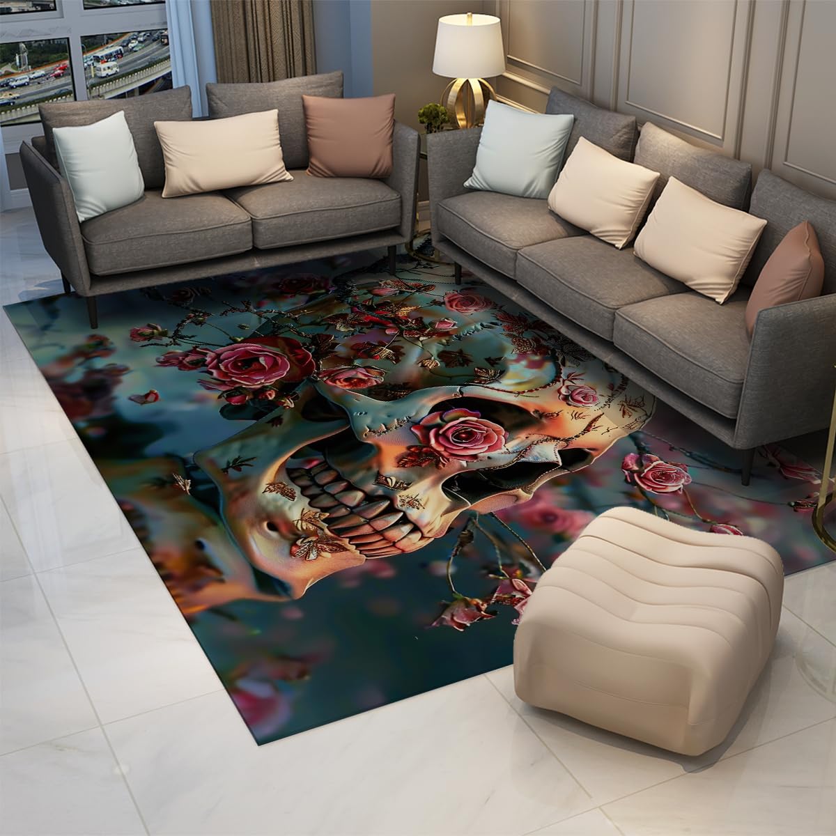 Dywan 90 x 150 cm, do sypialni, gotycka, róża, czaszka, ciemno-kwiatowy wzór szkieletu, nadaje się do prania w pralce, antypoślizgowy, cienki, miękki, do salonu, sypialni, biura
