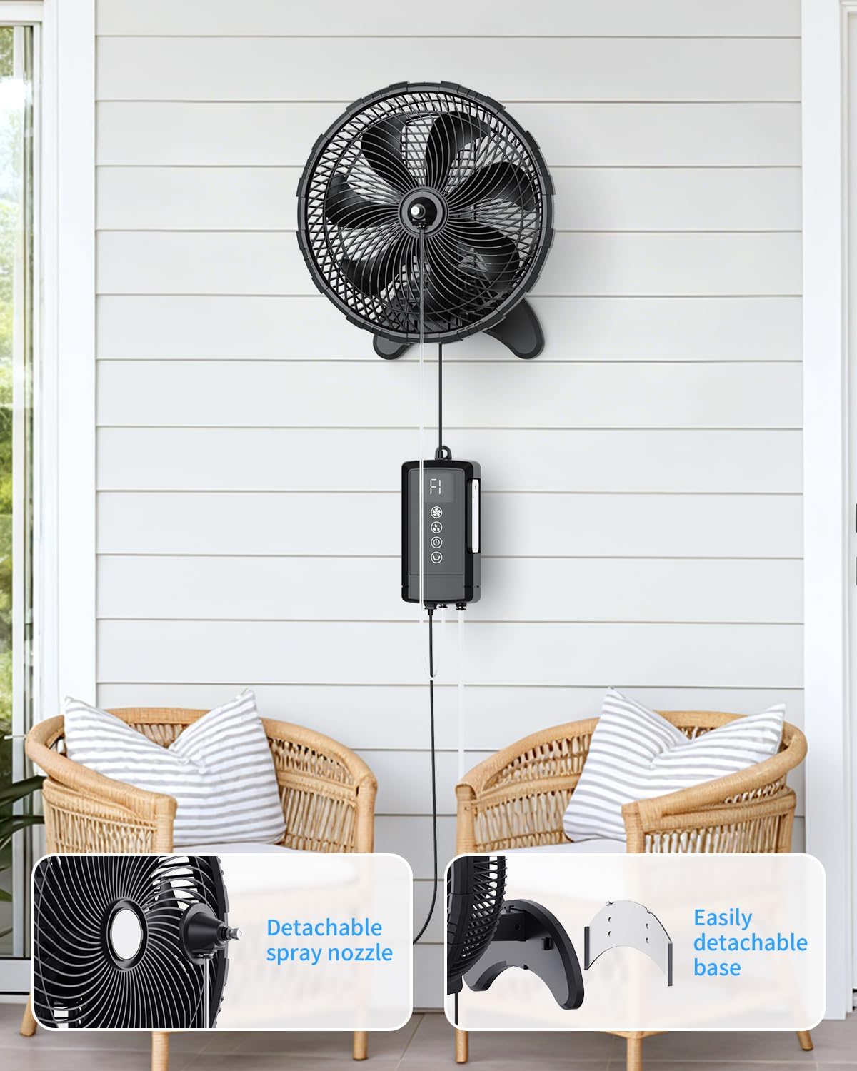 12” Wall Misting Fan with Remote, Built-in Pump No Faucet Needed, 3 Speed & 3 Mist Modes, Black Quiet Wall Fan for Patio, Gazebo, Deck, Porch, Garage