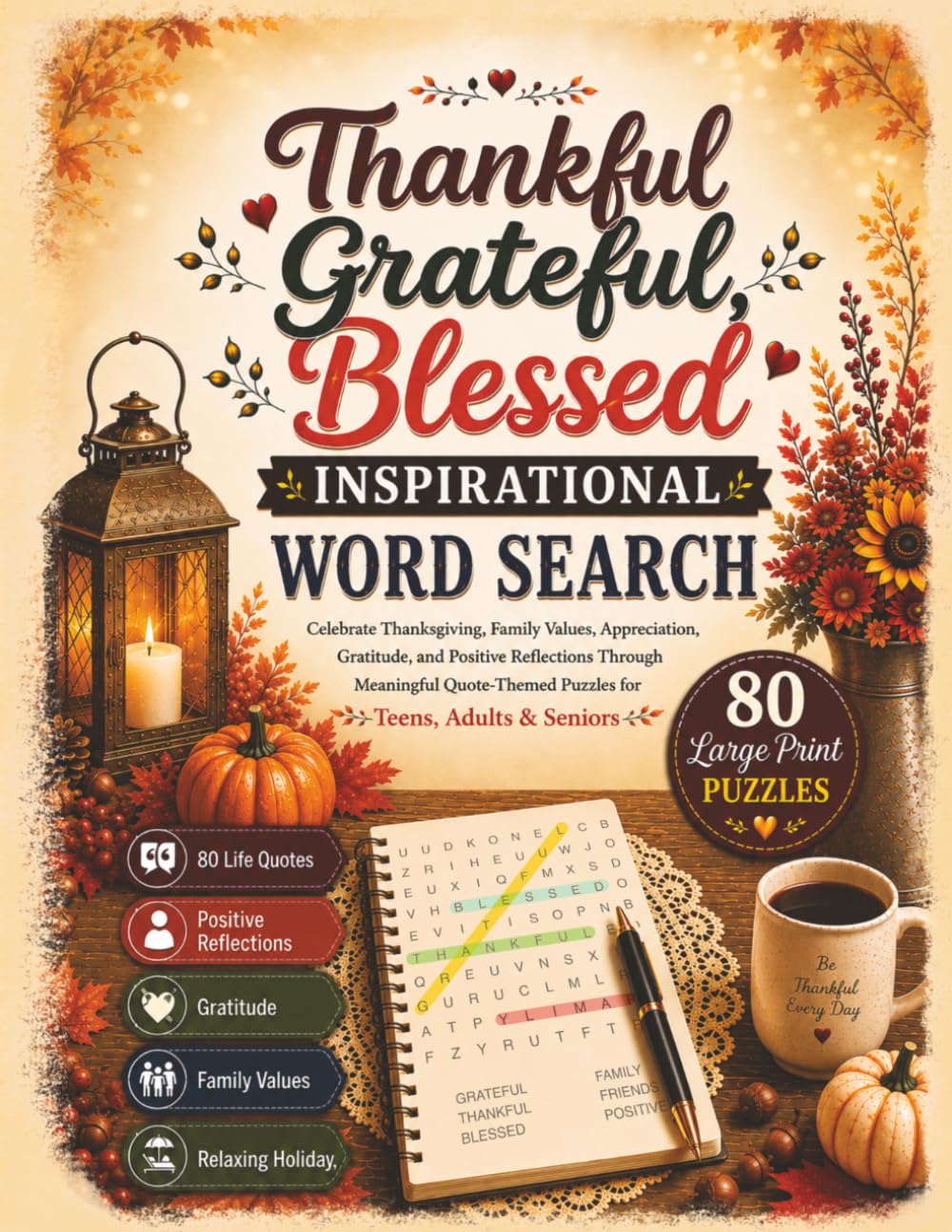 Thankful, Grateful, Blessed Inspirational Word Search: Celebrate Thanksgiving, Family Values, Appreciation, Gratitude, and Positive Reflections ... Adults & Seniors | 80 Large Print Puzzles
