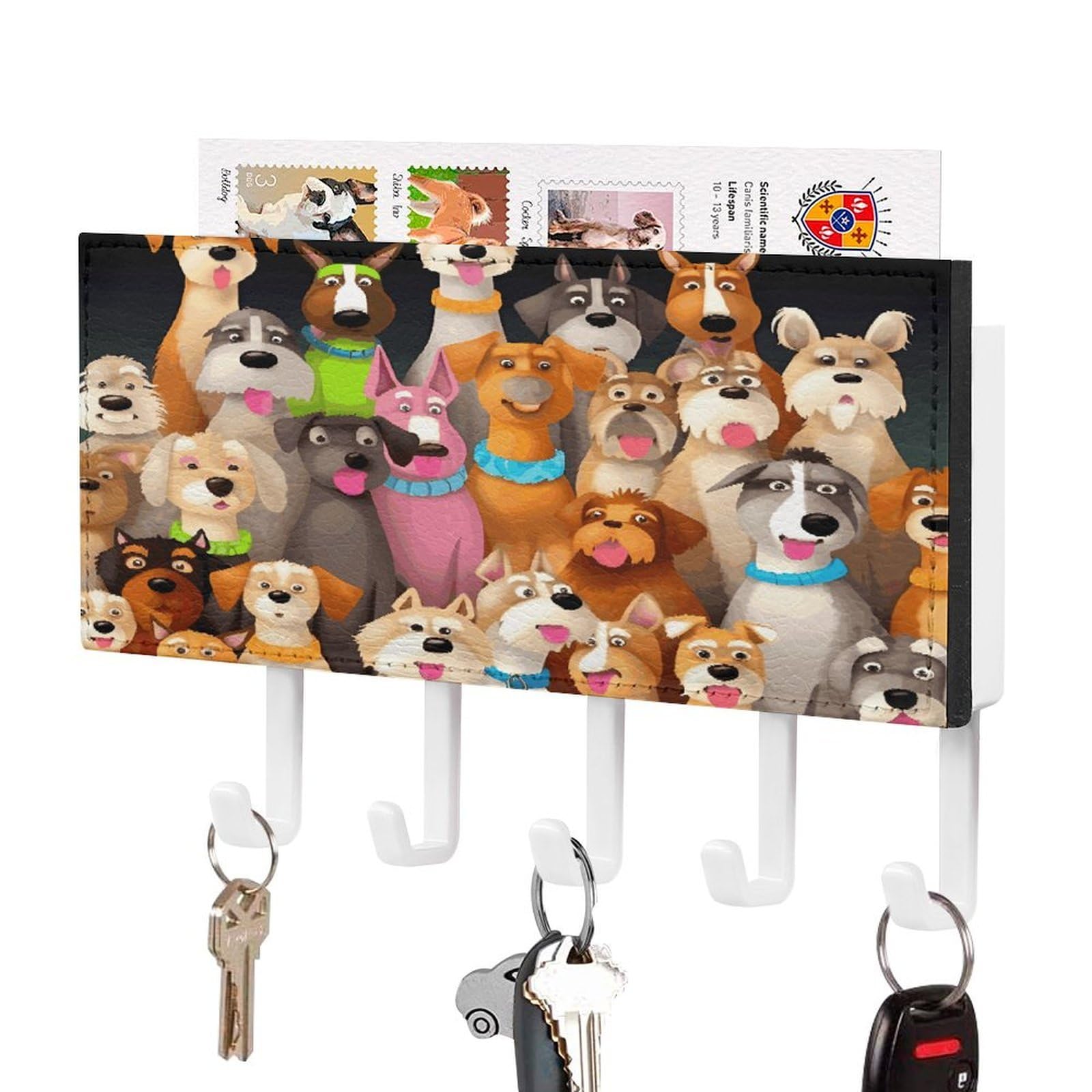 FekiLoot Dogs Key Holder Wall Mount Key Hanger with 5 Hooks Decorative Key Rack Hanging Key Hooks with Mail Organizer Key Holder for Wall Living Room Kitchen Bathroom Hallway White