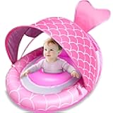 Baby Pool Float with 4 Stage Adjustable Sun Canopy for 6-36 Months, Dual Air Chambers & Never Flip Over Safety Seat, Mermaid Infant Swim Float with Sunshade