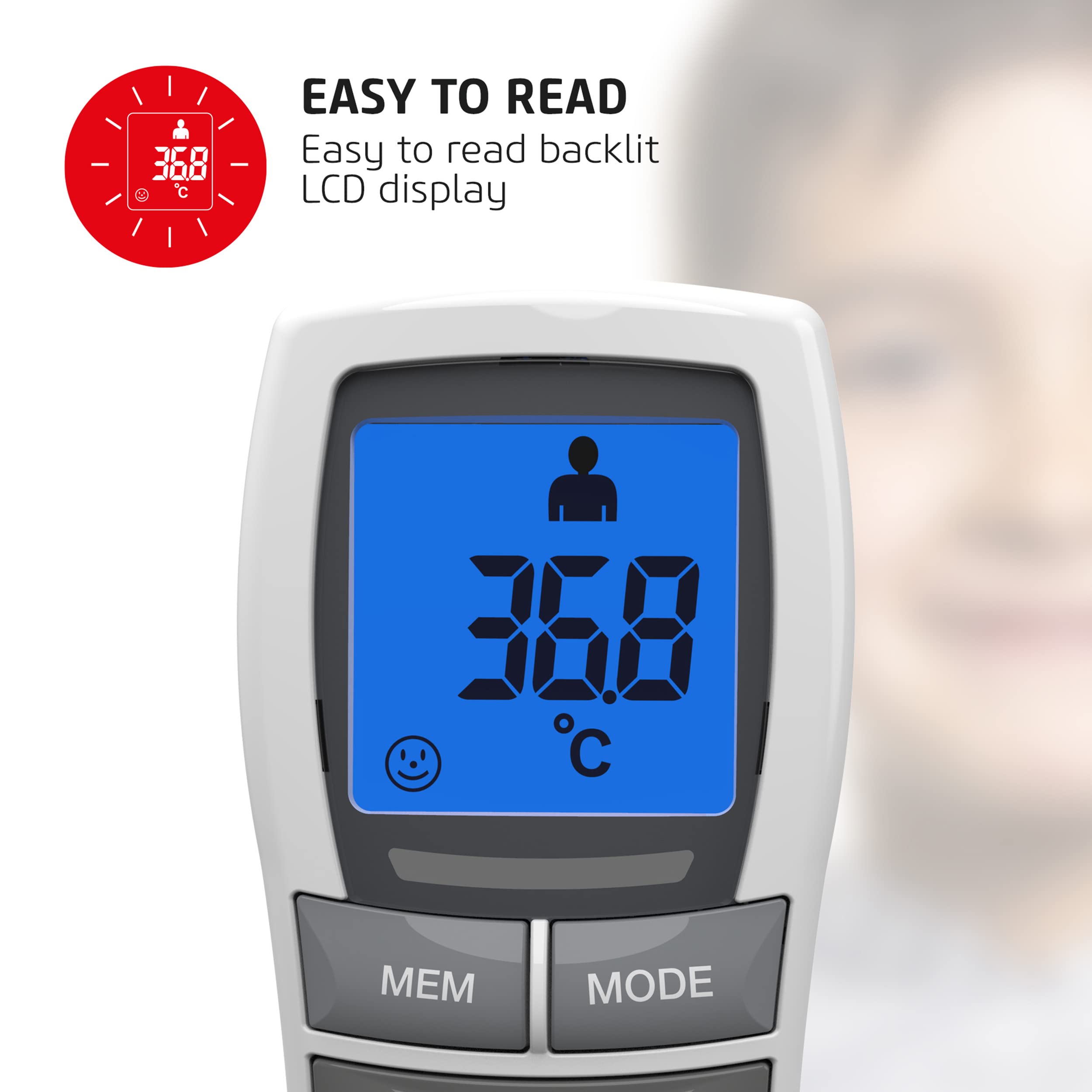 Salter TE-250-EU Termómetro infrarrojo sin contacto para frente, objetos y líquidos, modo noche, alarma de fiebre, memoria de 30 lecturas, lectura en un segundo, pantalla retroiluminada