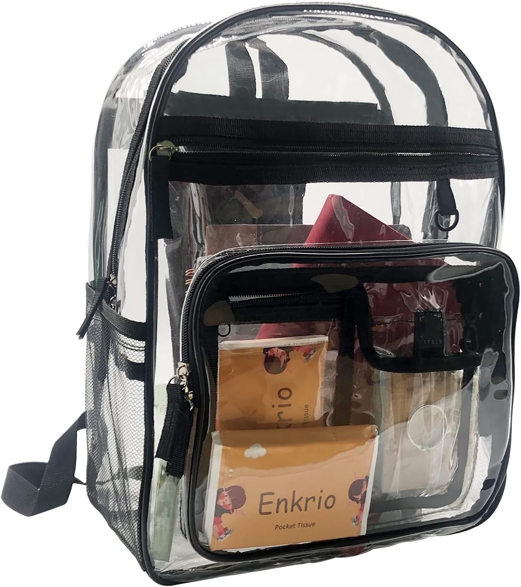 Enkrio Transparent bags Clear Backpack Heavy Duty See Through Backpack Stadium Approved Daypacks for Work Travel, Transparent and Black Trim, 11”L x 5.9”D x 16.5”H, Daypack Backpacks