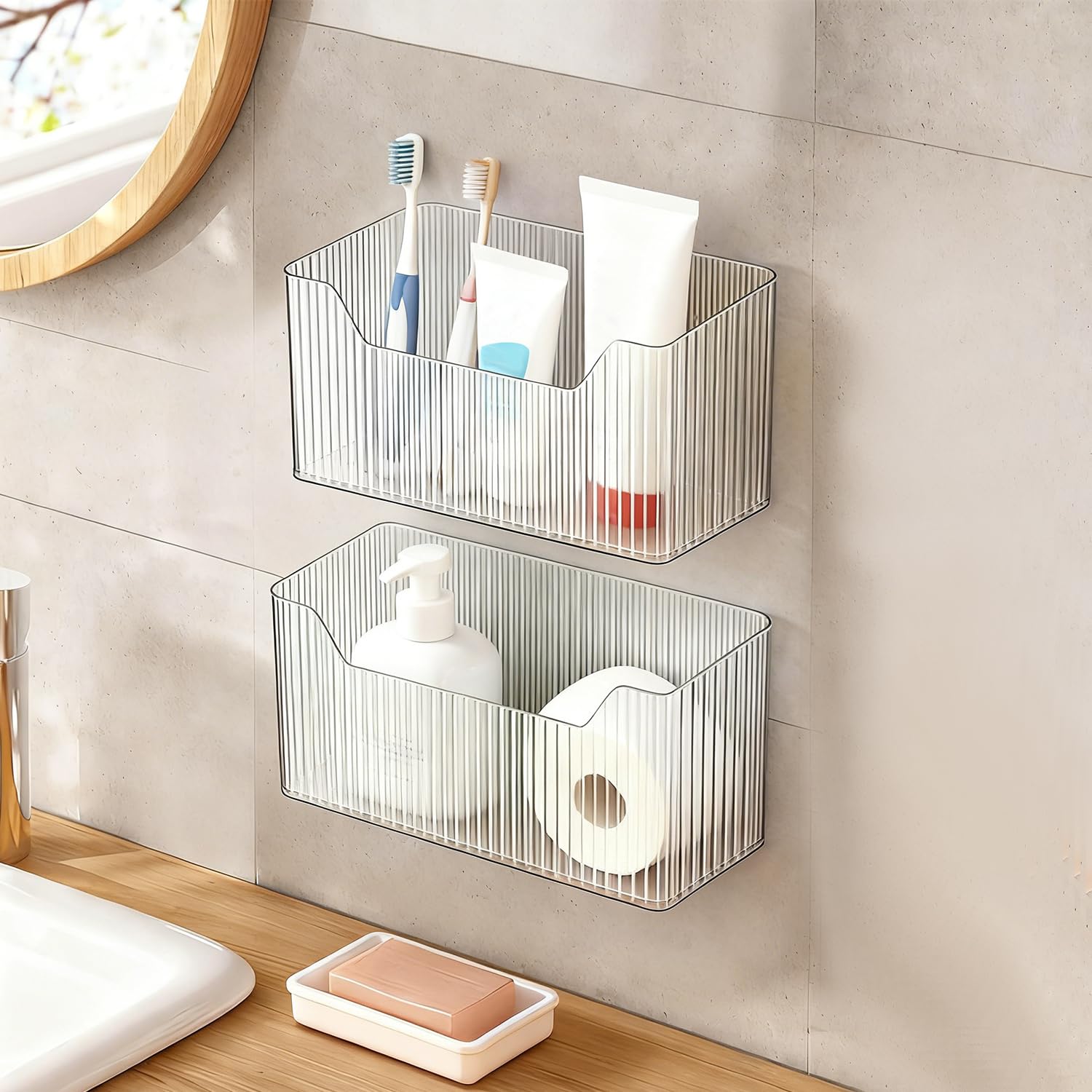 Gmoelusia Acrylic Bathroom Organizers and Storage Moisture-Resistant Shower Caddy - No Drilling Walls Adhesive Shelf 2 Pack
