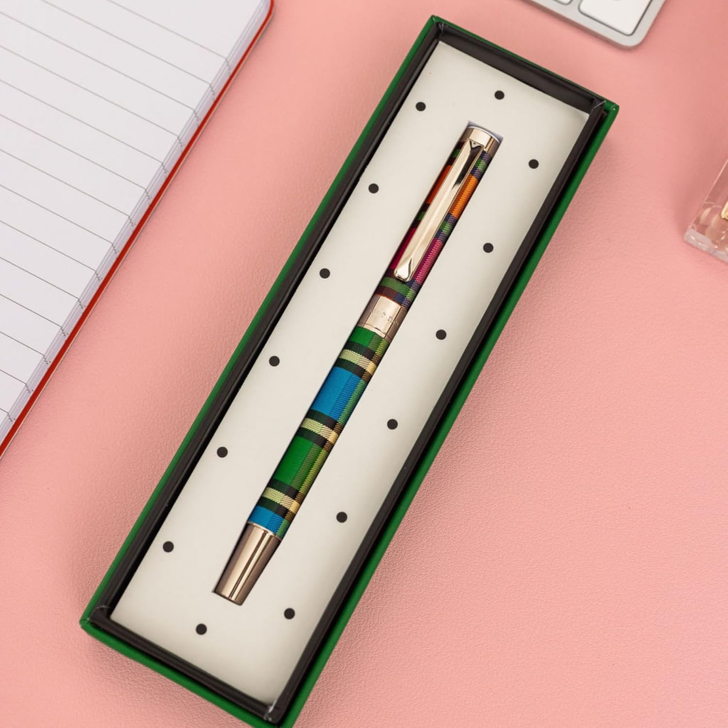 kate spade new york Black Ink Ballpoint Pen with Gift Box, Metal Click Pen Accepts Standard Refills, Grand Plaid Duo