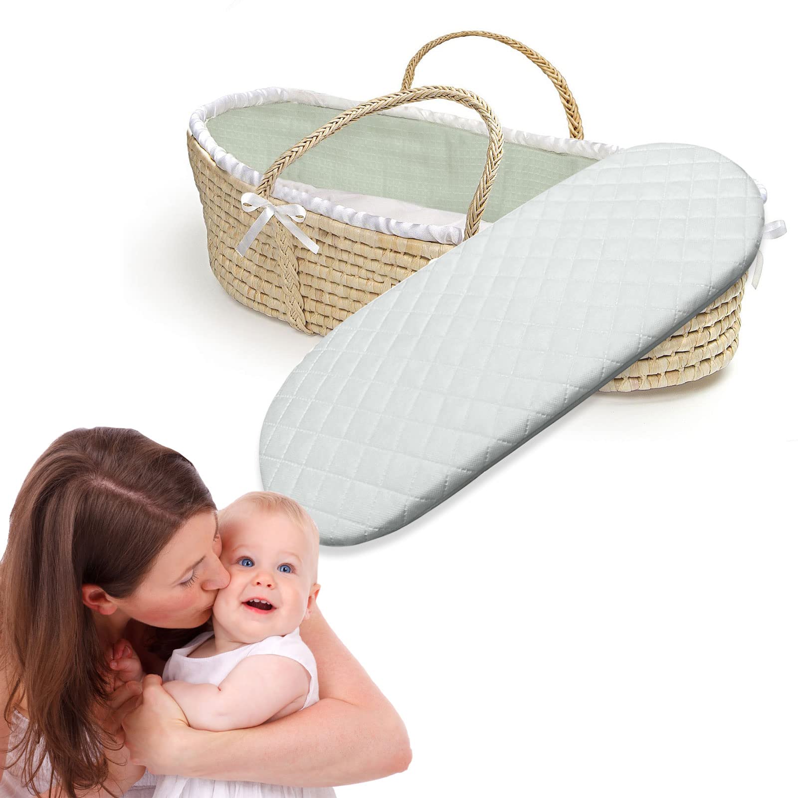Pinkfairy® Moses Basket Mattresses Breathable Soft Thick Oval Shape Comfy Fit to Kinderkraft Maxi Cozi Iora Air co Stokke Night Sleep with Removable Quilt Cover (66 x 28 x 4cm)