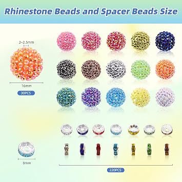 16mm Beads for Pens - 30 Pcs Rhinestone Beads and 220 Pcs Spacer Bead for Beadable Pens - Glitter Acrylic Bubblegum Round Bling Focal Bead for Bracelets - Beaded Pen Supplies (Colorful)