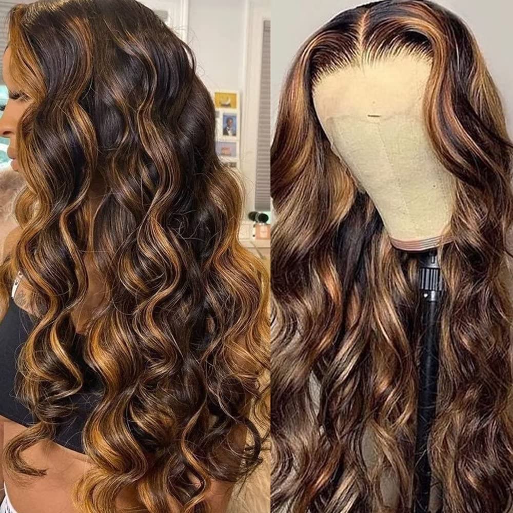 180% Density HD Highlight Wig Human Hair Brazilian Glueless Wig Honey Blonde Colored 13X6 HD Invisible Lace Frontal Human Hair Wigs for Women Ombre Body Wave Transparent Lace Front Wig Pre Plucked