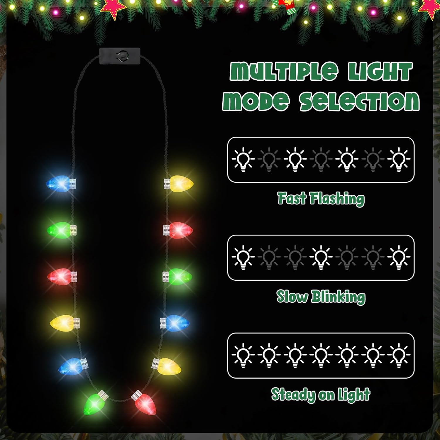 12 PCS Christmas Light Up Necklace, 3 Modes LED Light Up Xmas Necklace with 12 Glow Bulbs, Colorful Christmas Bulb Necklaces, Xmas Light Up Decor for Ugly Sweater Contest New Year Holiday Parties