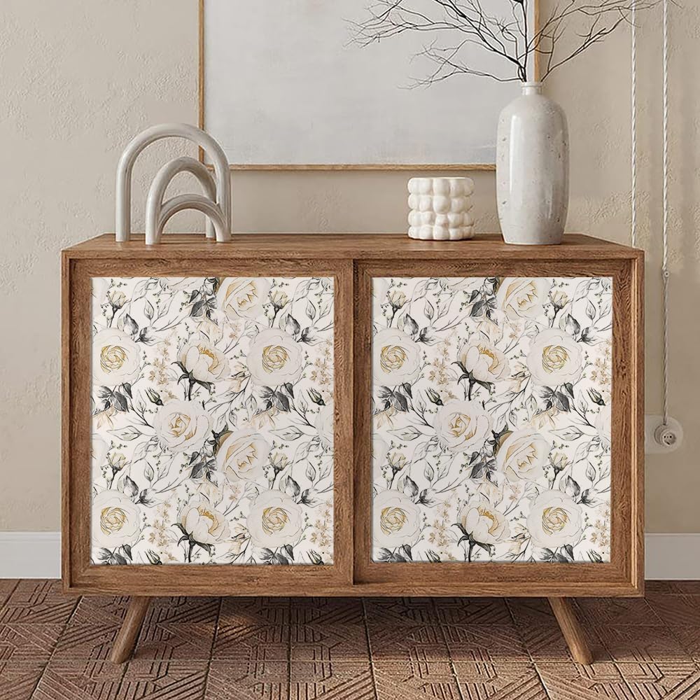 Vintage Pale White/Yellow Floral Peony Flowers Rose Grey Leaf Peel and Stick Wallpaper Easy Peel Off Contact Paper Stick on Adhesive Wall Paper for Bathroom Waterproof Renter Friendly