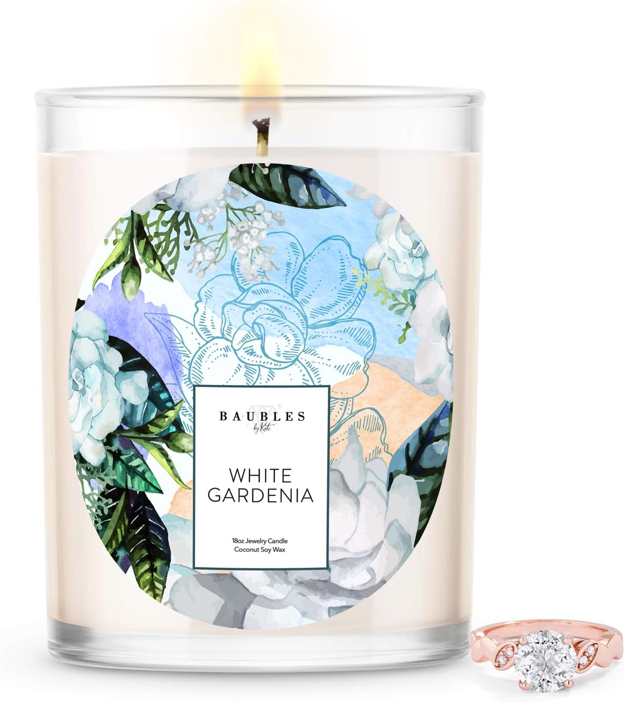 Baubles White Gardenia Scented Premium Candle and Jewelry with Surprise Ring Inside | 18 oz Large Candle | Made in USA | Parrafin Free | Size 05