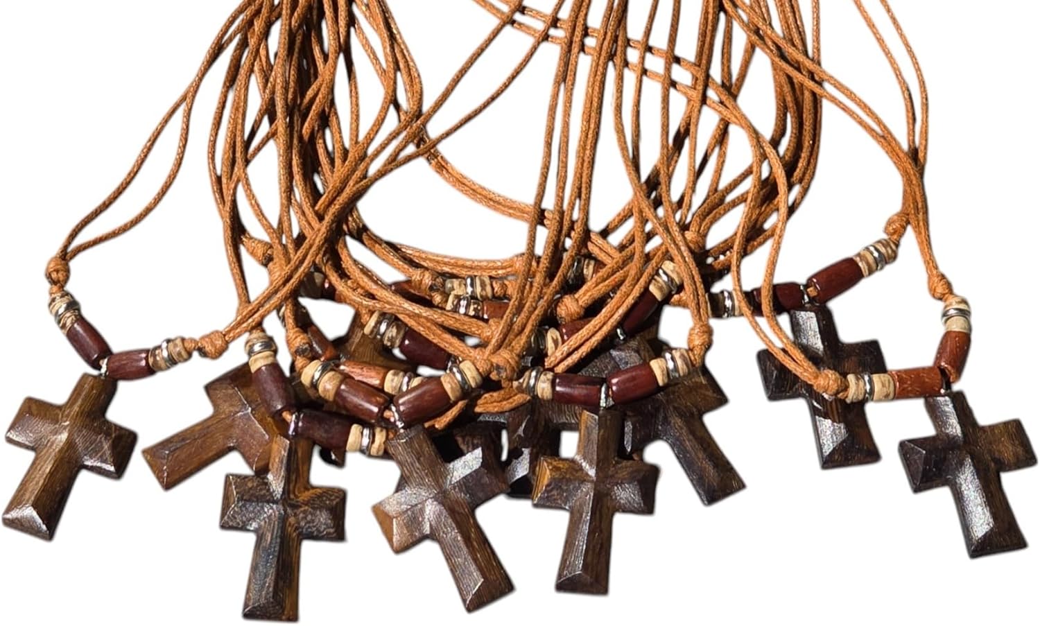 BlueRica Hand Carved Wood Cross on Adjustable Light Brown Cord Necklace - Image 6