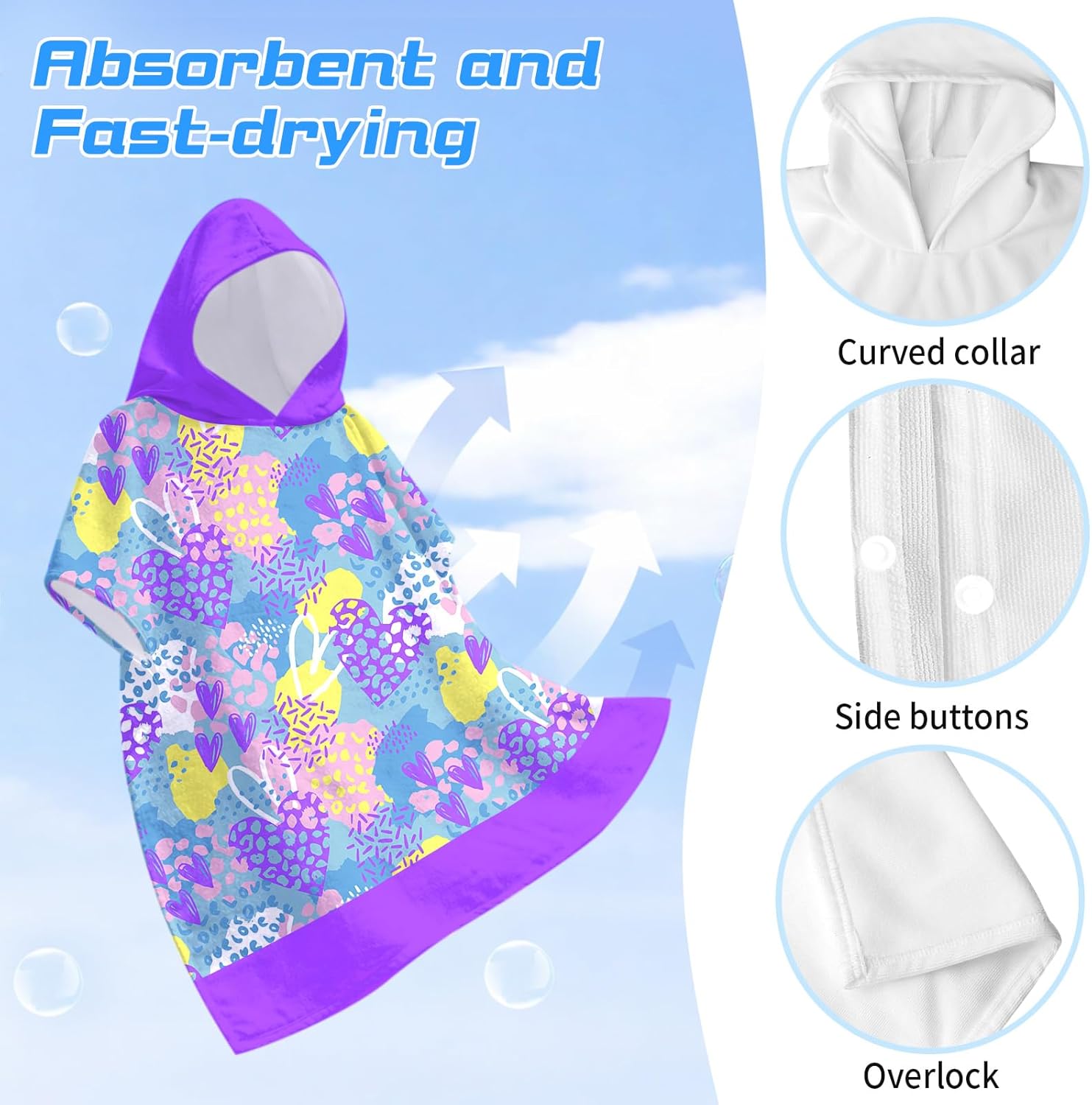 Kids Hooded Beach Towels Wrap for 8-14 Years,Cute Love Theme Girls Swim Cover Up for Bathroom，31"x39" Quick Dry Light Purple Large Bath Towel Poncho,Perfect for Travel Vacation,Pool Party,Swimming