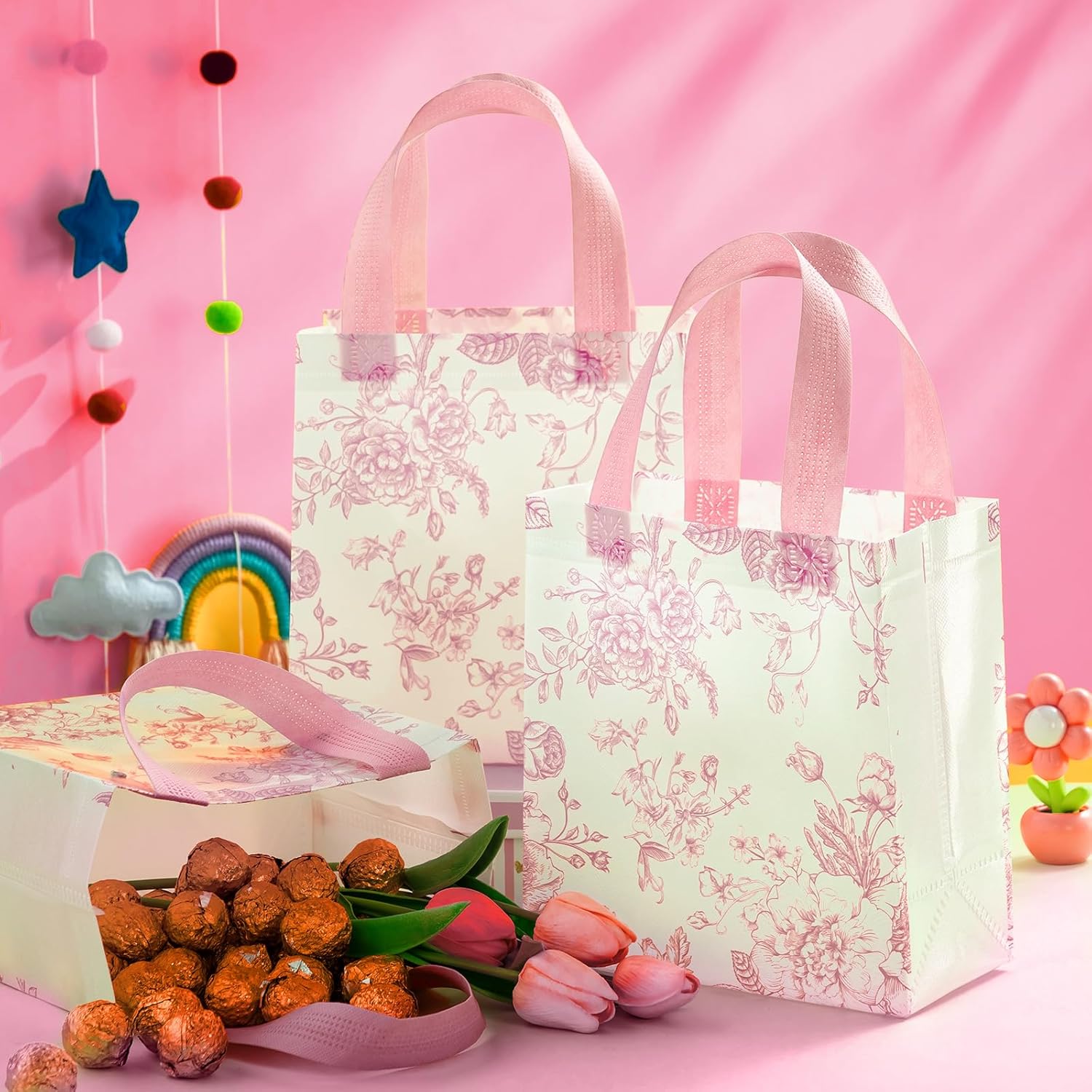 Sweetude 16 Pcs Mother's Day Pink Floral Gift Bags with Handle Flower Non-woven Reusable Tote Bags for Wedding Birthday Baby Shower Party Favor Easter - Image 7