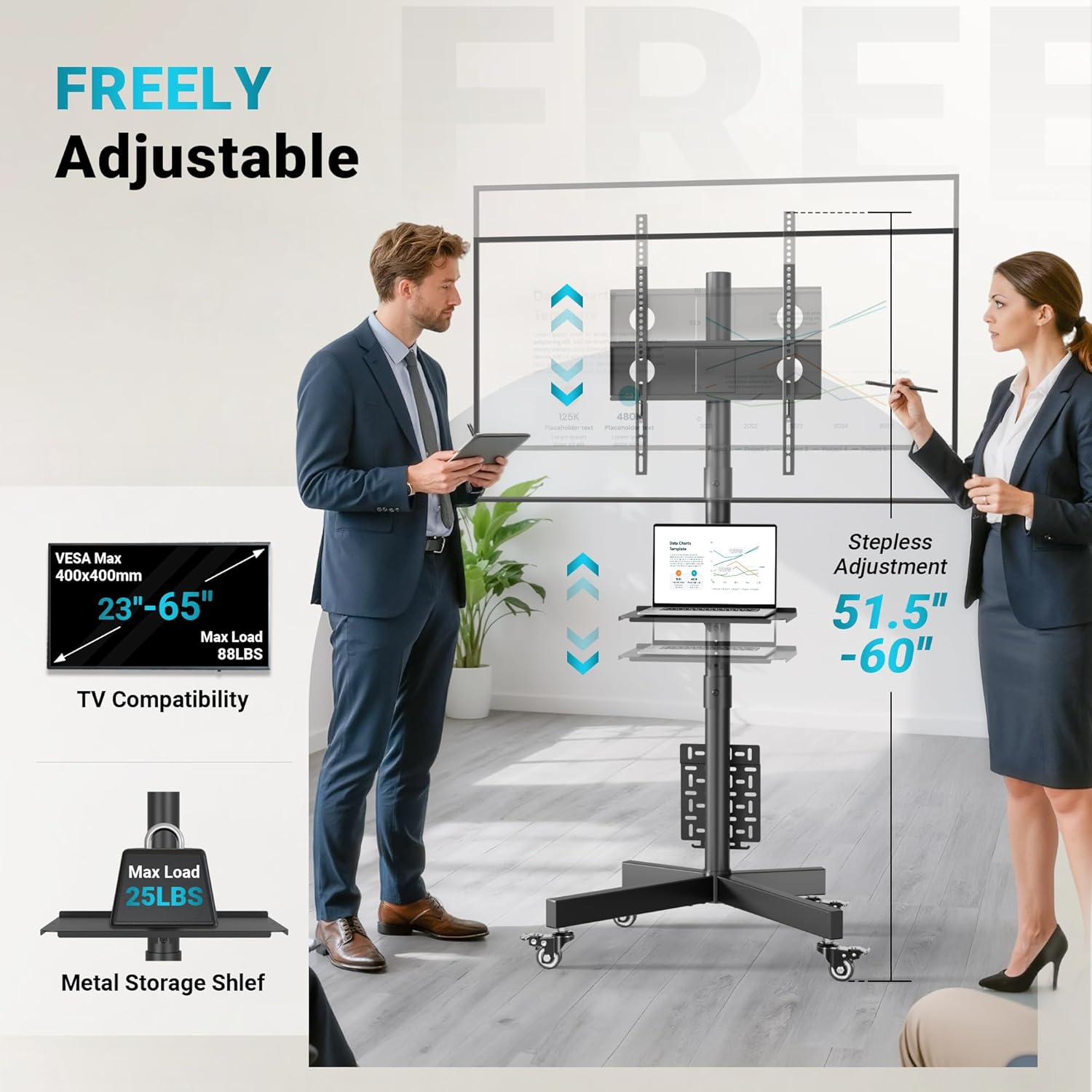 BONTEC Rolling TV Stand with Pegboard Storage for 32–65 Inch TVs, Holds, Height Adjustable Mobile TV Cart on Metal Wheels with Shelf & Cable Management,Holds up to 88 lbs, Max VESA 400x400mm