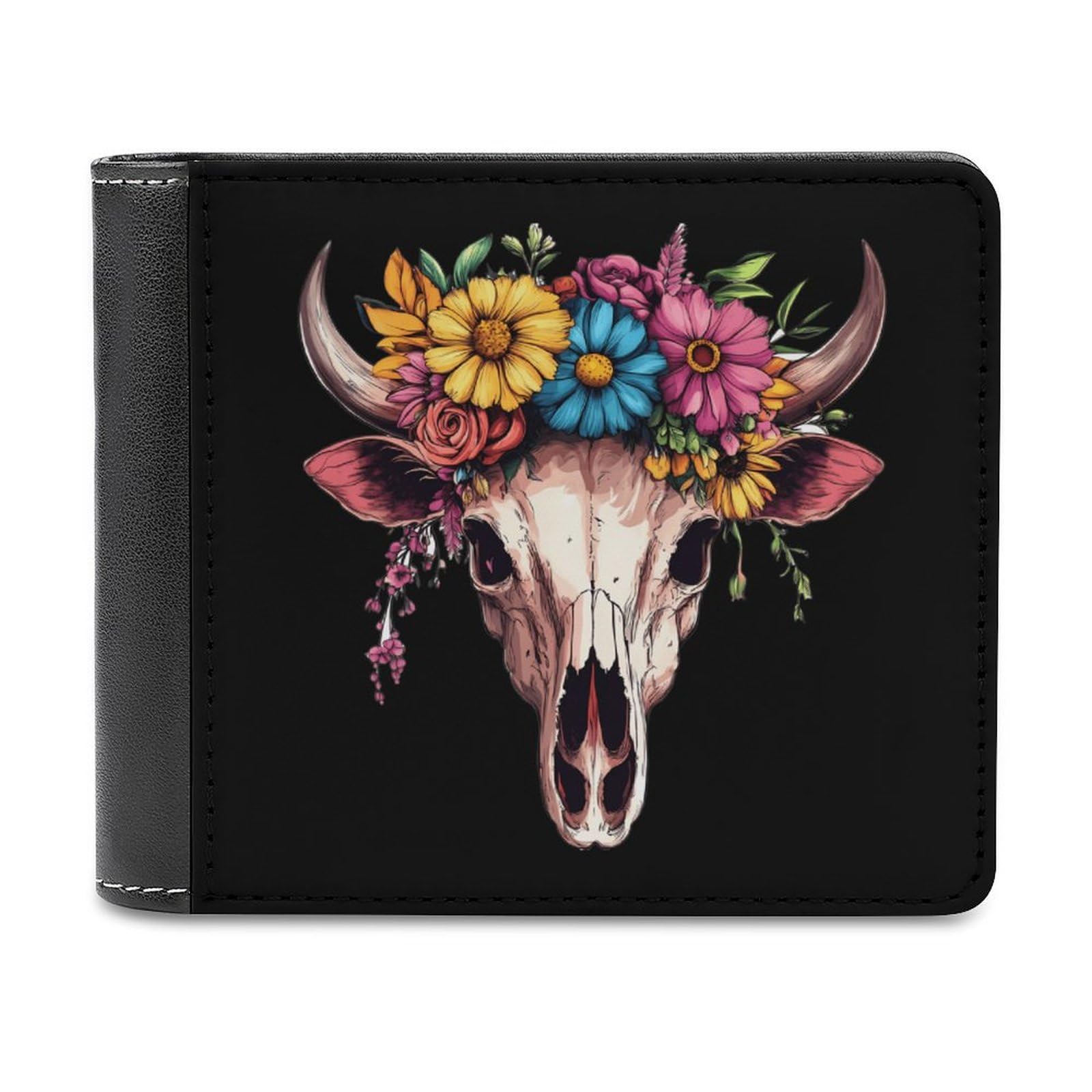 Cow Skull Flowers Bifold Wallet PU Leather Slim Purse Pocket Wallet with Card Holder for Women Men