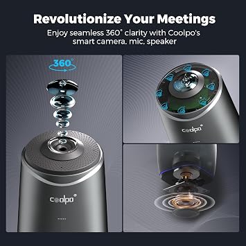 COOLPO Camera 360, 4K Smart Video Conference Room Camera and Microphone, AI Driven Speaker Tracking, Noise Cancellation, Works with Zoom, Google Meet, Meeting, Plug Play Setup, AI Huddle Pana