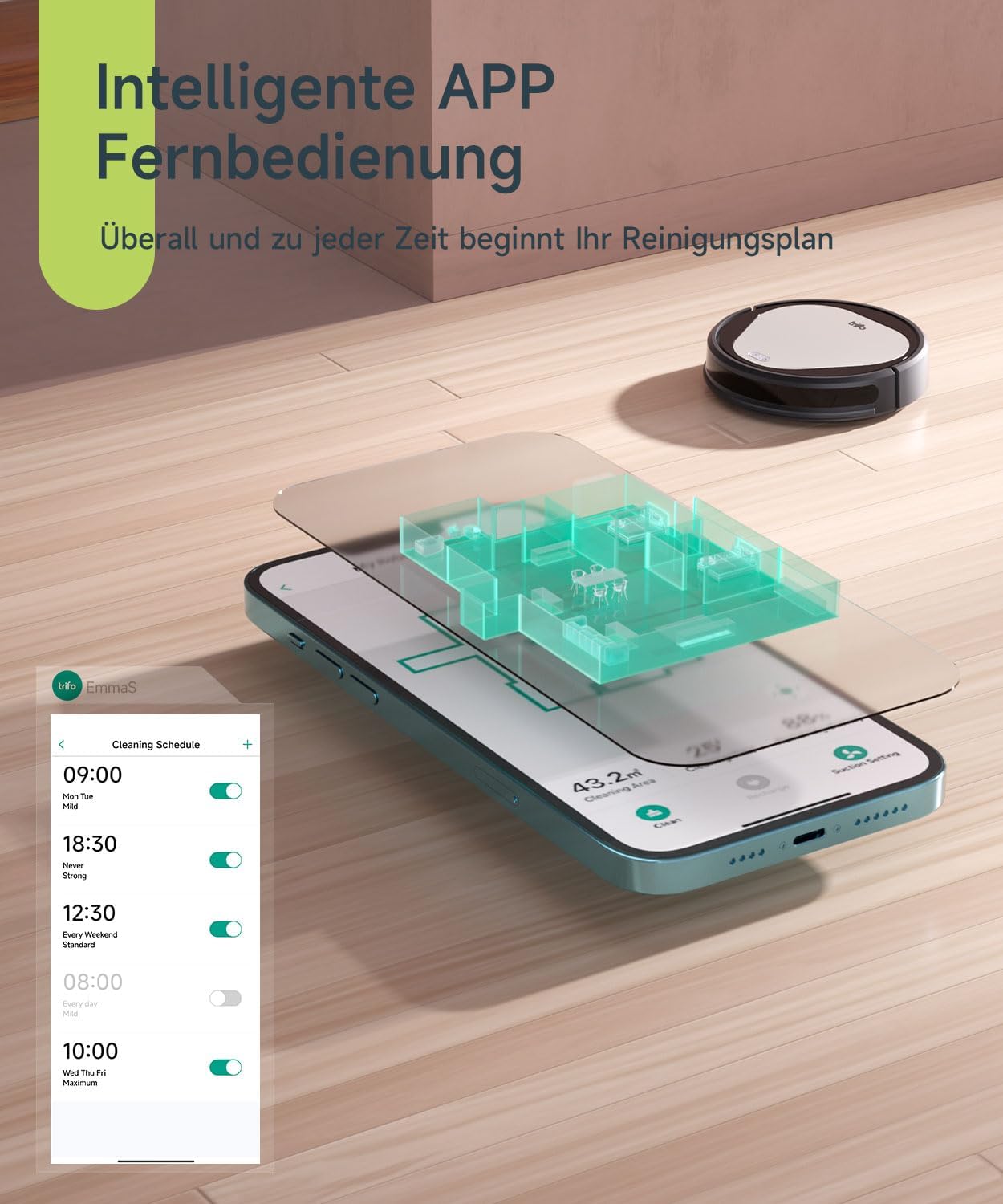 Smartphone screen showing the TRIFO app with cleaning schedule and room map