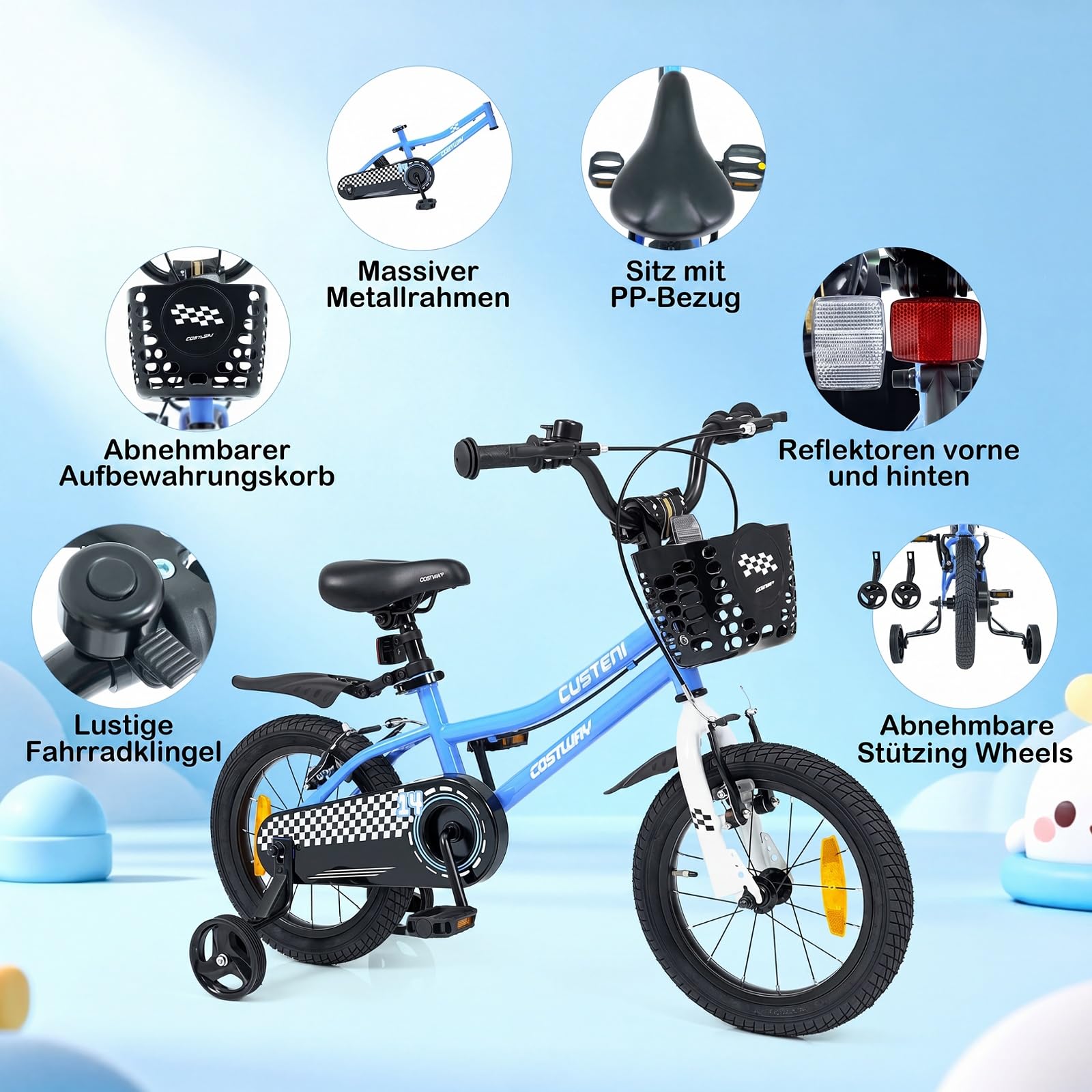 COSTWAY Kinderfahrrad mit Korb, 14/16 Zoll Fahrrad mit höhenverstellbarem Sattel & Lenker, Kinderrad mit Klingel, Schutzblech & Stützrädern für 3-7 Jahren Jungen & Mädchen
