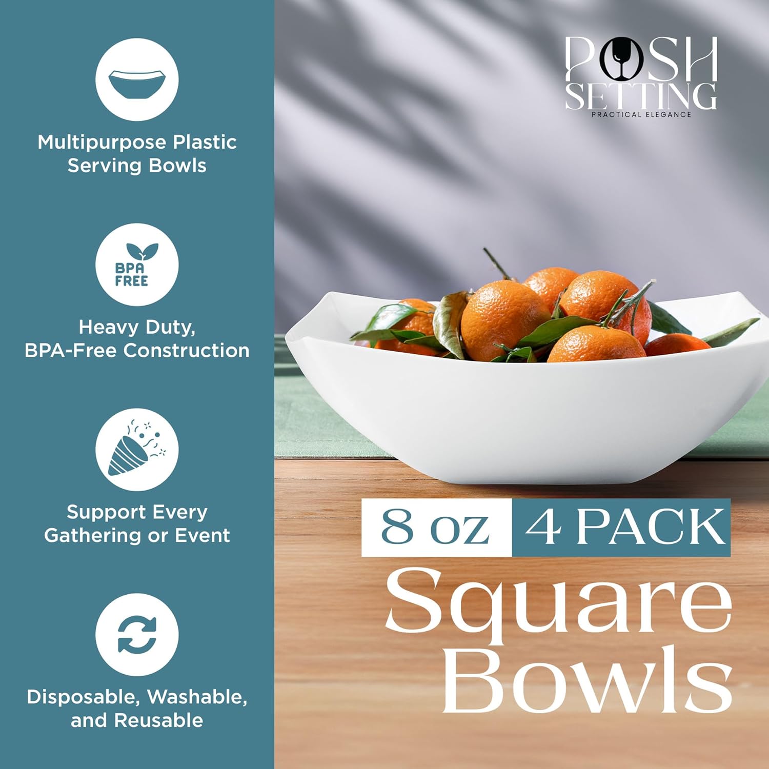 Posh Setting White Plastic Serving Bowls Disposable - Square Bowls - Square Candy Bowl - Plastic Snacks & Chip Bowls for Parties - White, Gold & Clear, Black Serving Dishes, 64 OZ, 4 Pack - Image 2