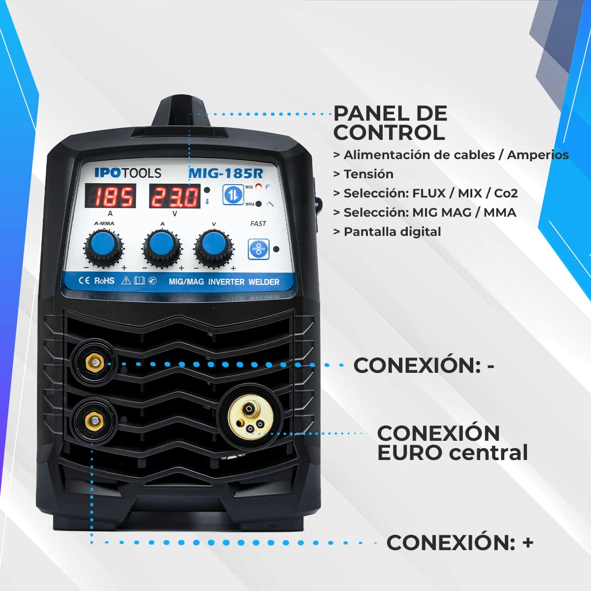 IPOTOOLS MIG-185R Máquina de soldar MIG MAG - Máquina de soldar MIG con 185A 230V IGBT, Máquina de electrodos 3 en 1 MIG Flux MMA, Máquina de soldadura inverter portátil, 7 años de garantía