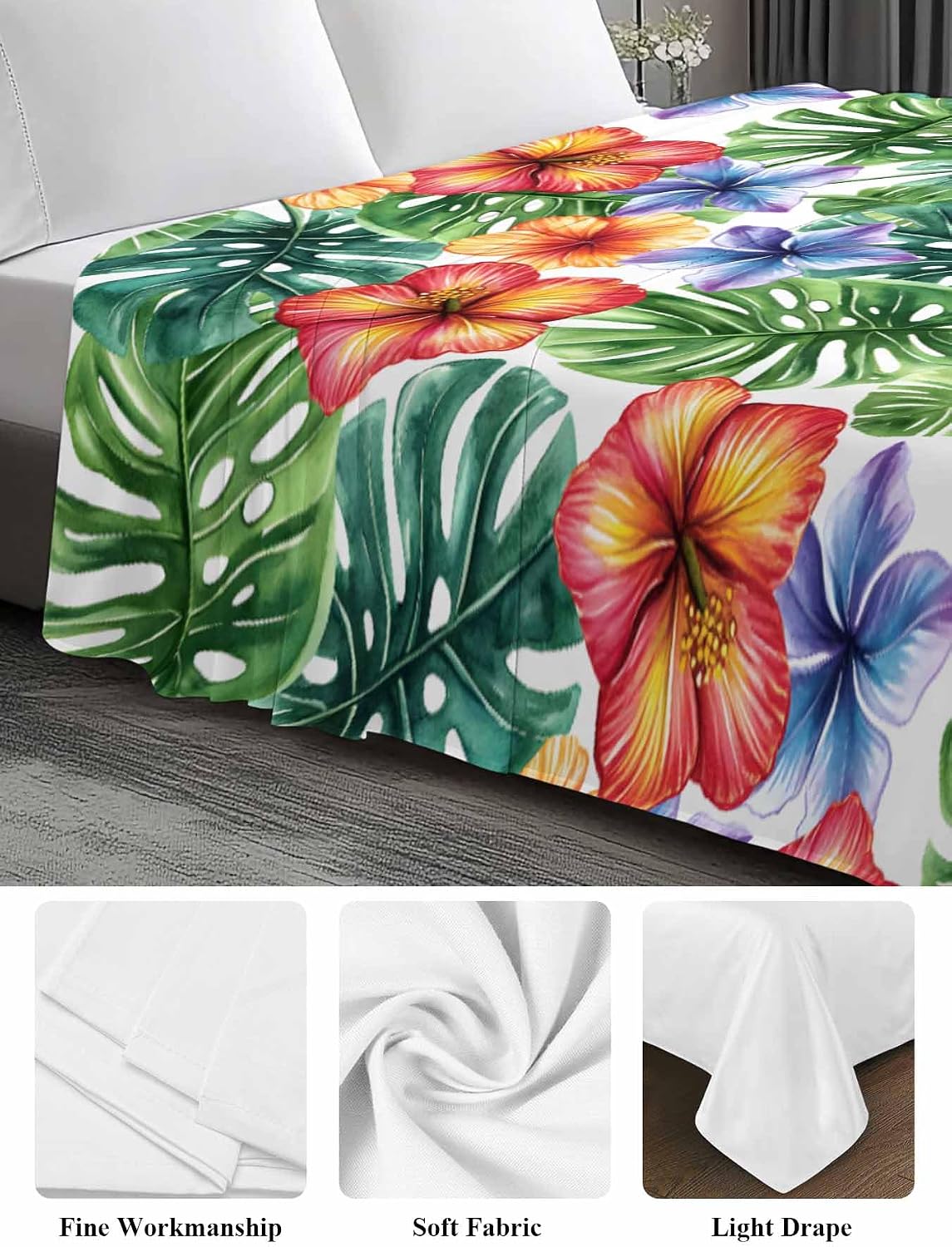 Cal King Size Flat Sheet Only, Summer Tropical Palm Leaves Flowers Bed Top Sheet Soft Microfiber Breathable Bedding Flat Sheets, Watercolor Farmhouse Plant Top Sheets Hotel Luxury