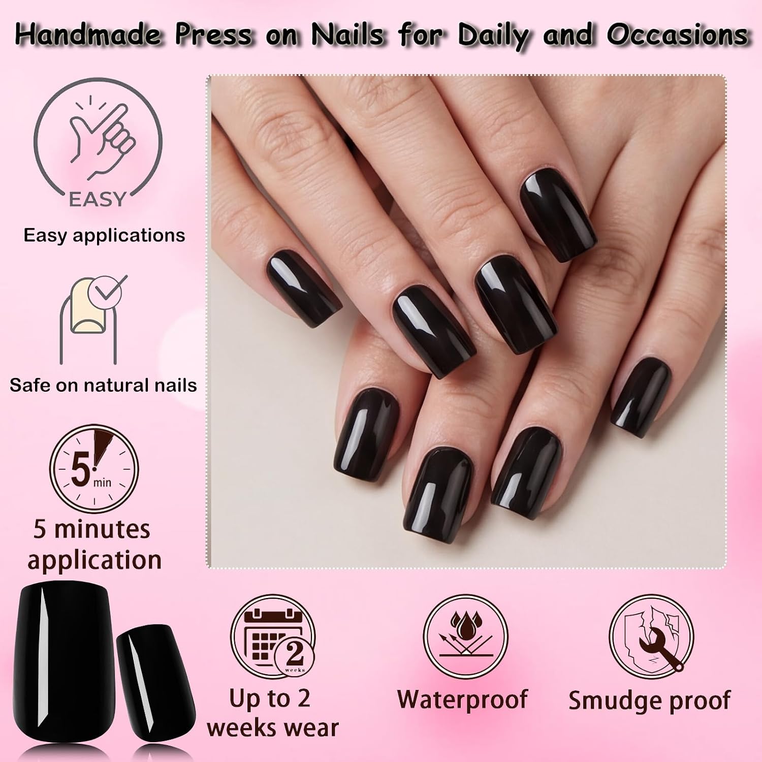240pc Black Press on Nails Medium Fake Nail Square Glue on Nails Press ons