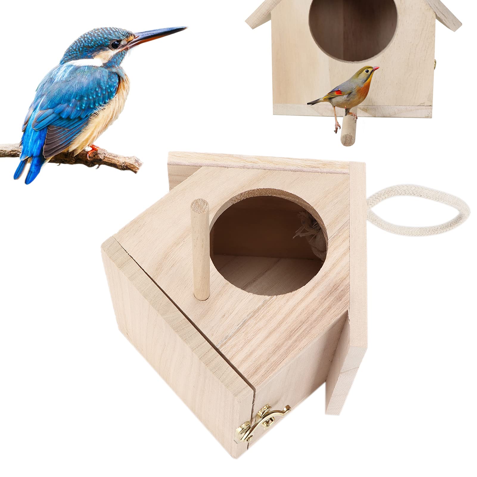 Bird Houses for Outside, Wooden Bird House with Perch Outside Hanging Natural Wood Bird House for Small Birds