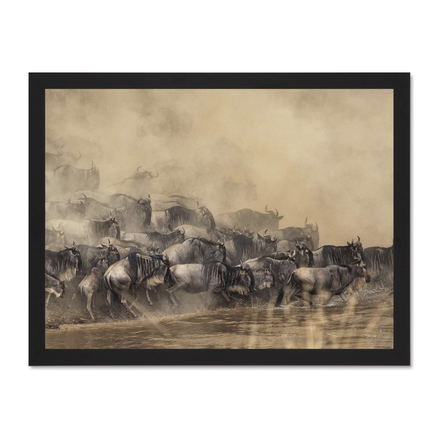Wildebeest Antelope Herd Dust Large Framed Art Print Poster Wall Decor 18x24 inch