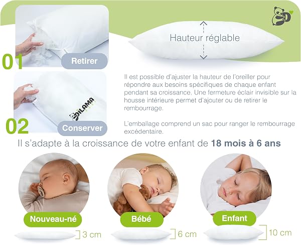 Dilamababy - Coussin Enfant Évolutif - Hauteur Réglable - Oreiller Enfant 40x60 Moelleux Adapté dès 1 an, 2, 3 Ans jusqu'à 6 - Hypoallergénique, Anti Acarien, Oeko-TEX - Made in Italy - 4