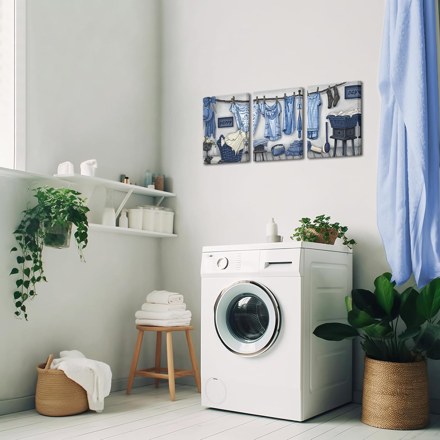 FuShvre Laundry Room Wall Decor Navy Blue and Grey Laundry Picture Paintings for Home Hotel Farmhouse Laundry Room Framed 12"x16"x3pcs